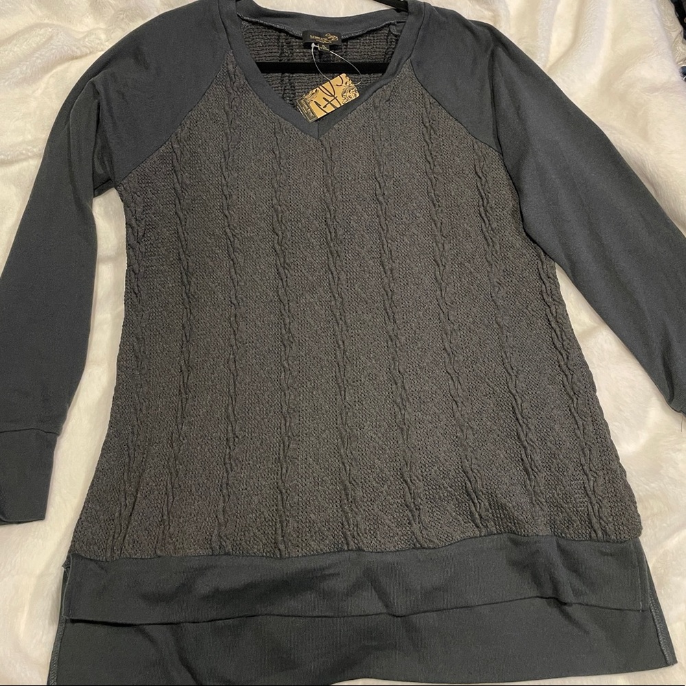 Suzanne Betro Dark Gray Cable Knit Panel V-Neck Sweater